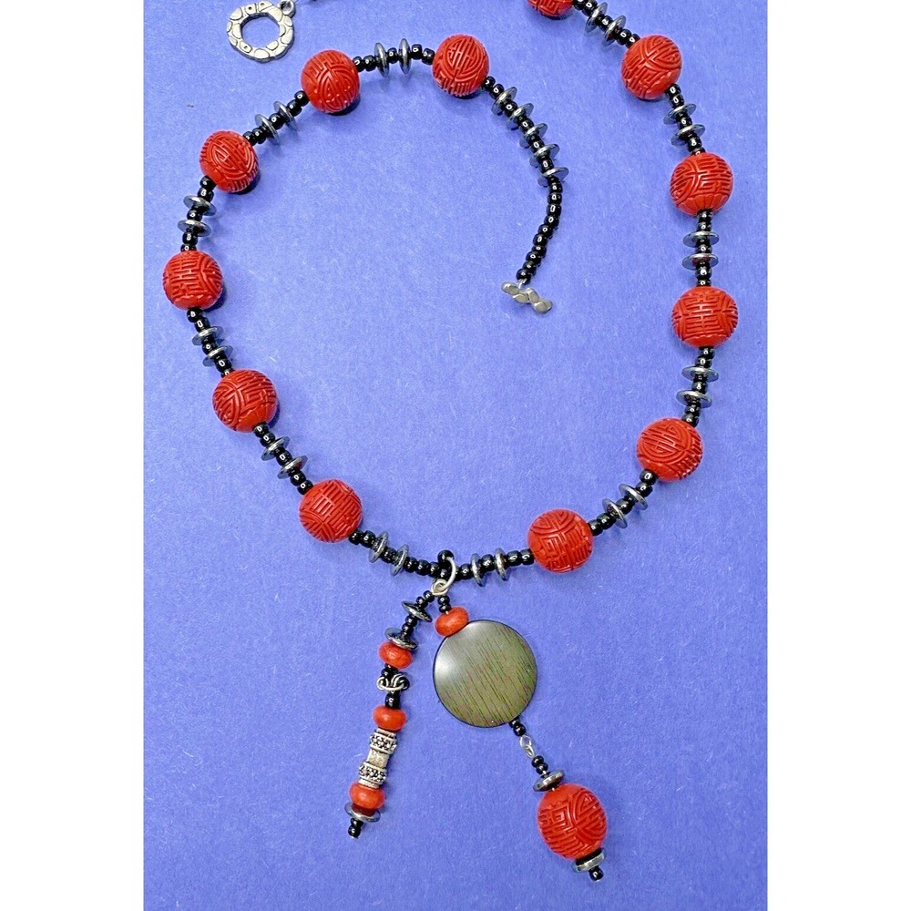 Cinnabar Hand Carved Necklace Red Beads Dangle Hematite Black Quartz 22"